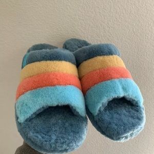 ⭐️UGG Men's Fluff You Stripes Slipper Slides Size 11⭐️ REAL LAMB FUR Winter Fall